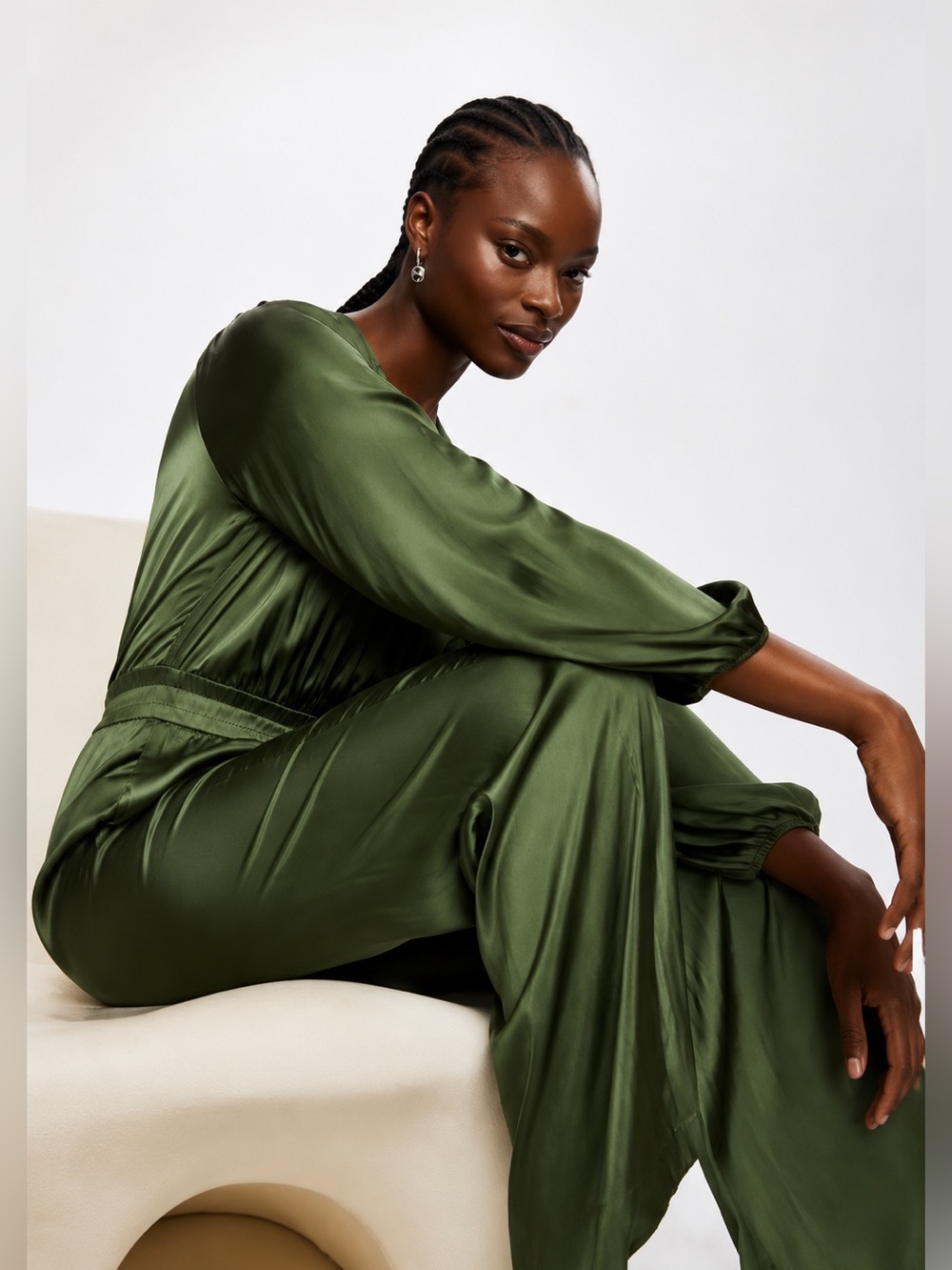 Mango Olive Green Satin Wide Leg Jumpsuit Size S